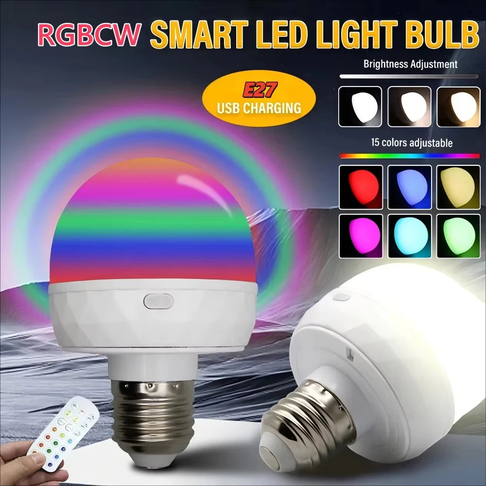 RGBCW Rechargeable Smart LED Bulb — 16M Colors, 40Hr Battery, Remote Control