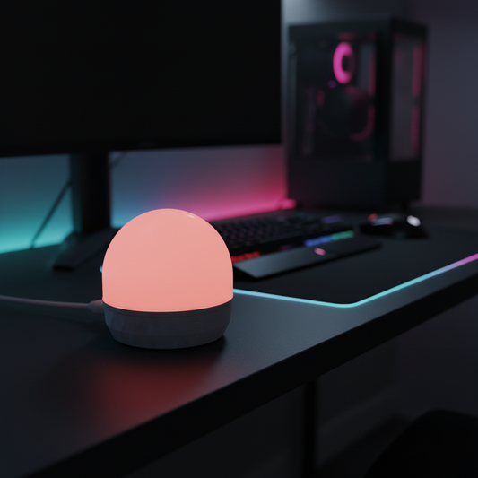 RGB LED smart bulb glowing pink-red on a dark gaming desk