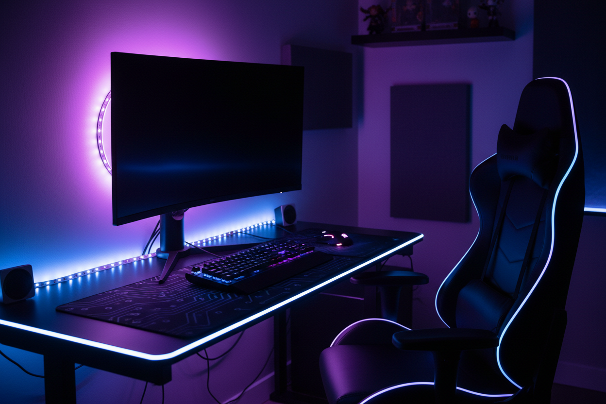 RGB LED strip lights in a gaming room setup with purple and blue glow